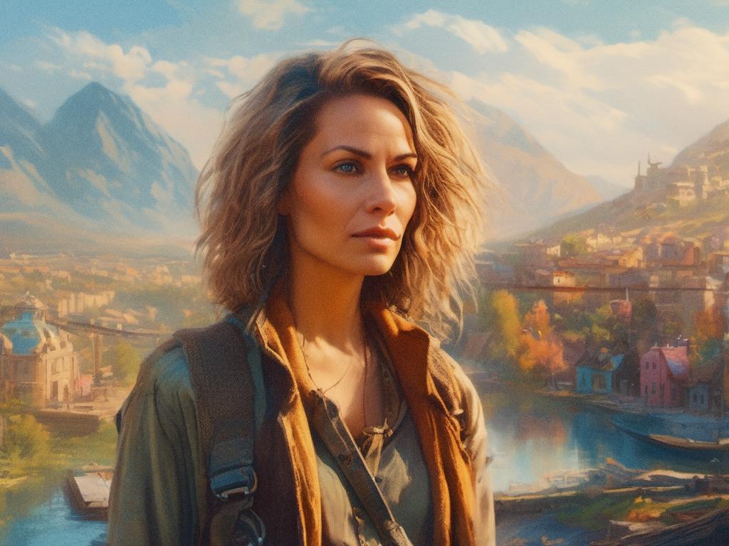 A stylish woman with curly blonde hair rocks a green top and classic messenger bag, set against a picturesque village backdrop with mountains and a sunny sky.