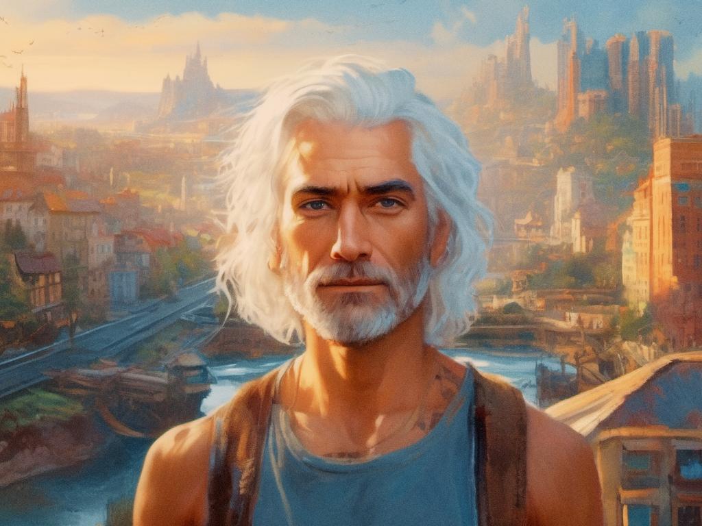 A stylish man with white hair and a beard, dressed casually with a classic messenger bag, stands before a dreamy landscape of hills, city-like structures, and a river.