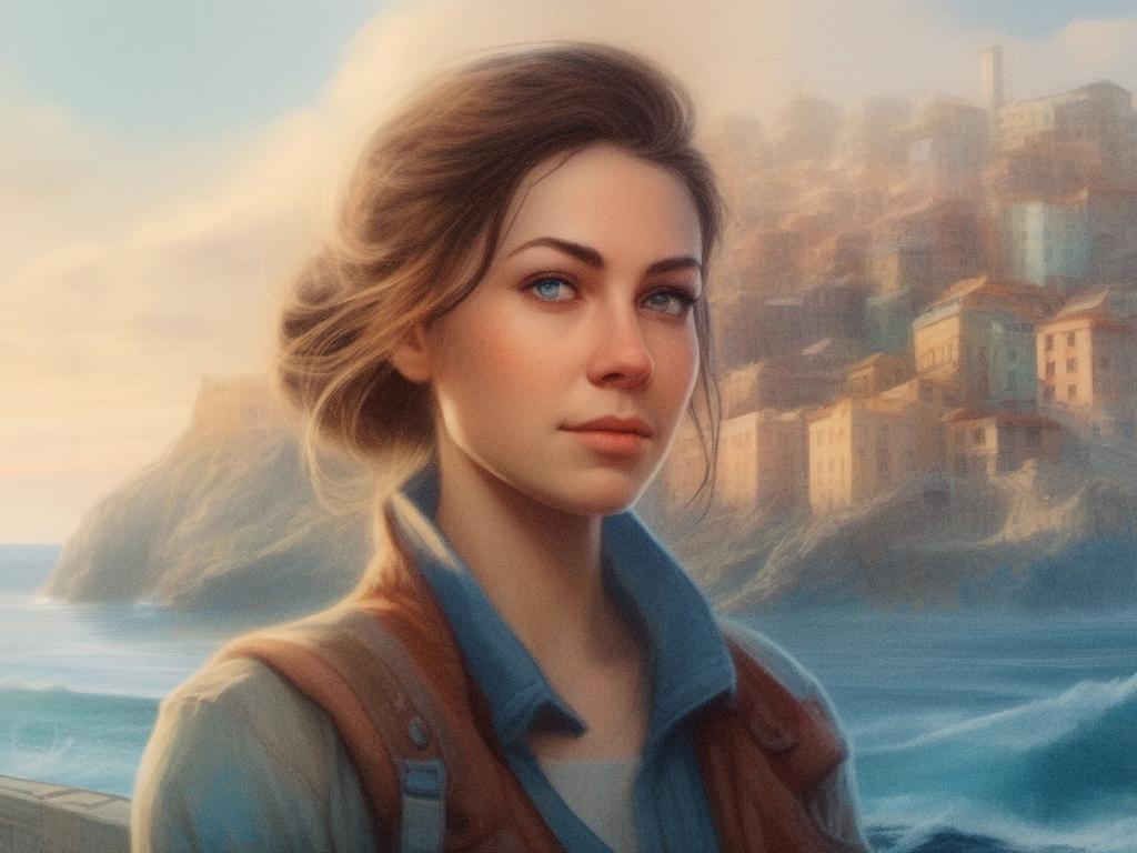A stylish woman with light brown hair pulled back, in a chic blue shirt and brown jacket, gazes at a coastal town perched on a rocky hill. Her classic messenger bag completes the look as waves gently crash under a partly cloudy sky.