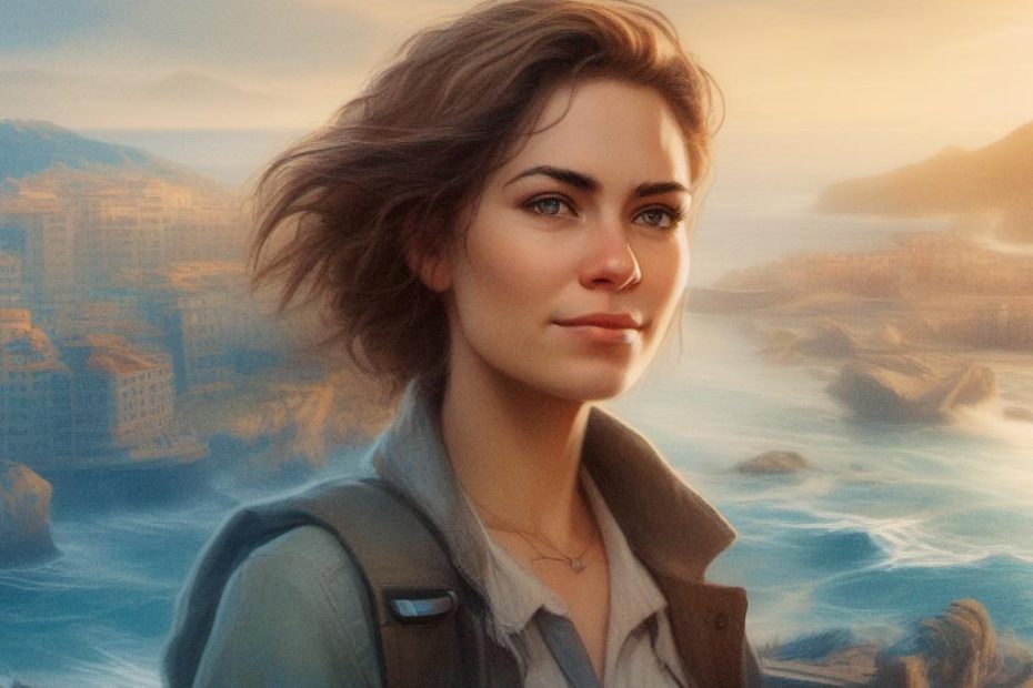 A young woman with short, wavy hair exudes confidence in a light jacket and stylish messenger bag, framed by a serene coastal sunset.