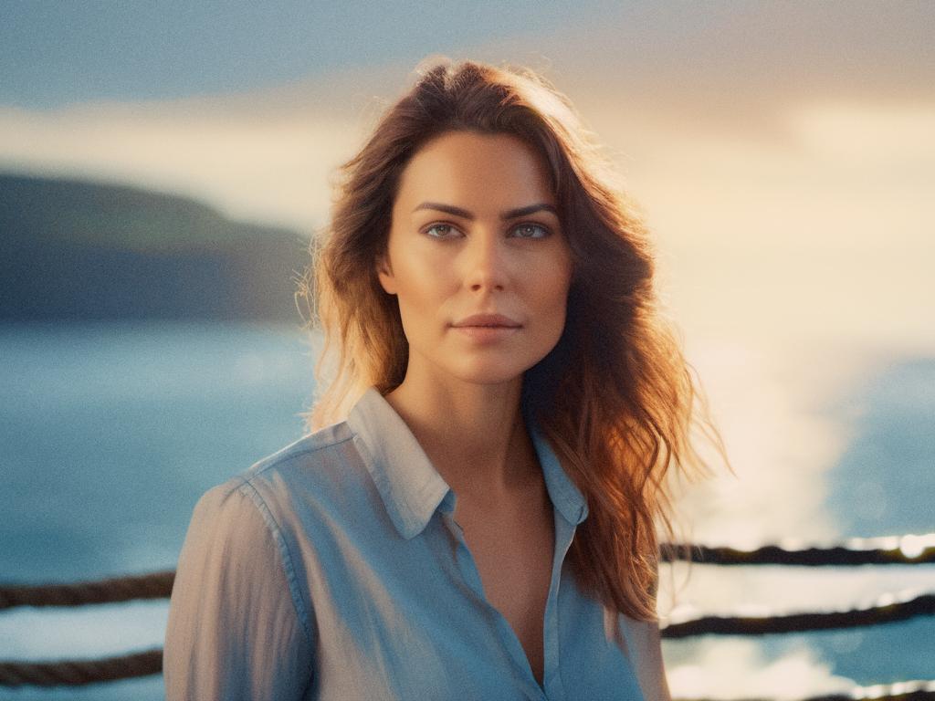 A woman with wavy, shoulder-length hair stands by the sunlit sea in a light blue button-up shirt, effortlessly sporting a large messenger bag.