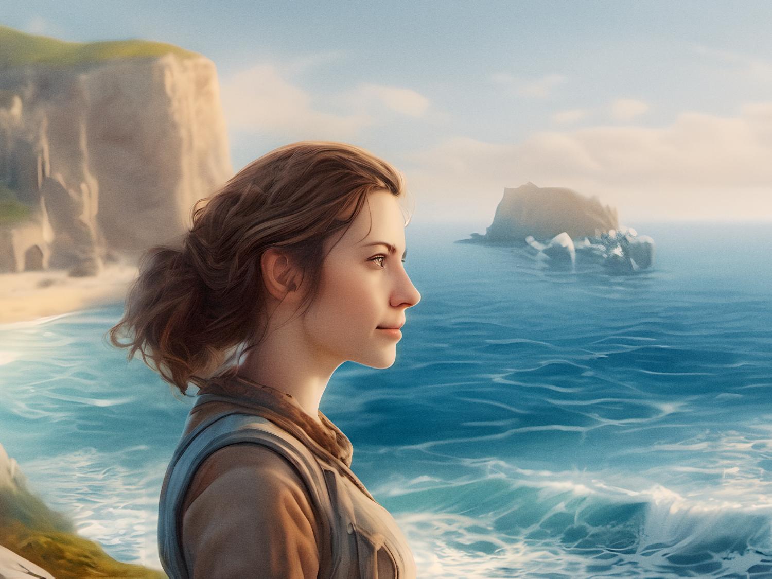 A young woman with tied-back brown hair gazes out from a cliffside at the serene ocean. Beside her, an oversized messenger bag adds a touch of utilitarian chic to this tranquil scene, bathed in soft natural light. Perfect blend of adventure and style.