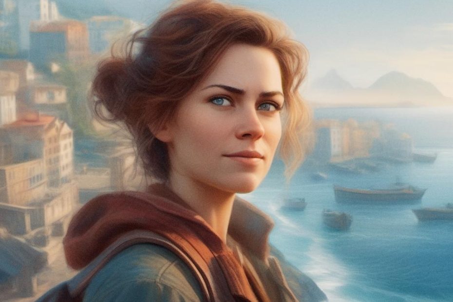 A woman with wavy auburn hair and a hooded jacket exudes modern coastal chic, posing seriously by cliffs, boats, and a serene sea. #StyleInNature