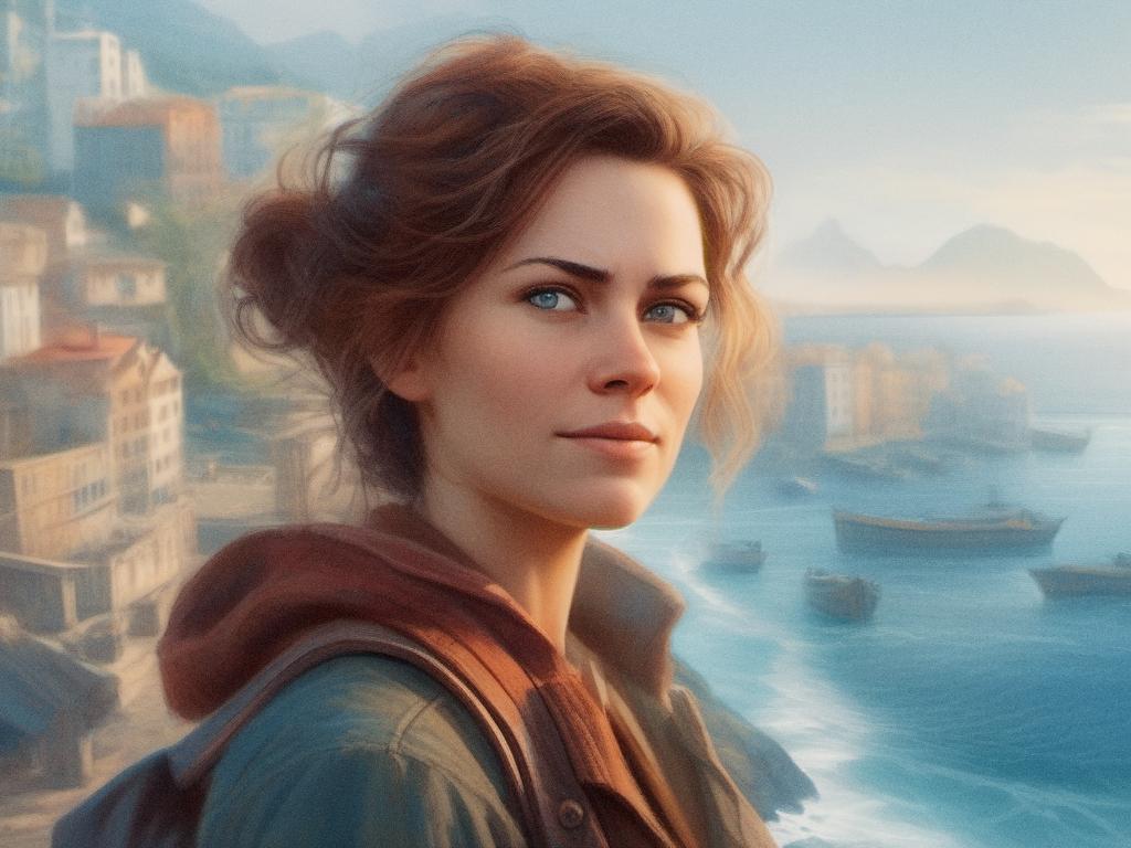 A woman with wavy auburn hair and a hooded jacket exudes modern coastal chic, posing seriously by cliffs, boats, and a serene sea. #StyleInNature