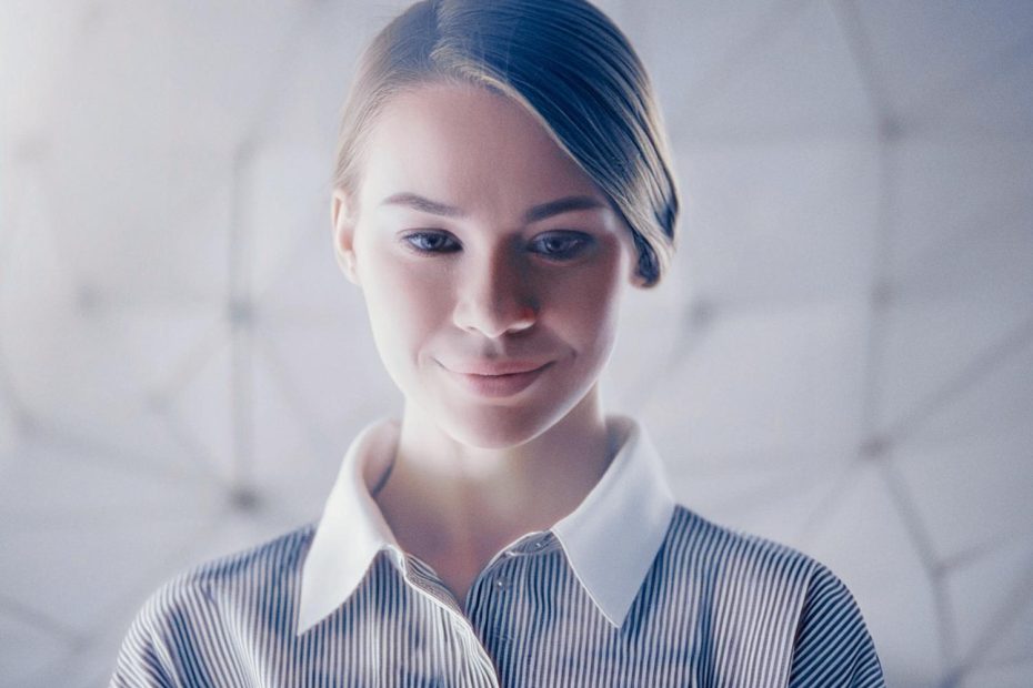A young person with a neat hairstyle smiles slightly, donning a chic striped shirt with a white collar. The backdrop features subtle geometric designs, enhancing the elegance of Google Jacquard-enabled Samsonite gear.