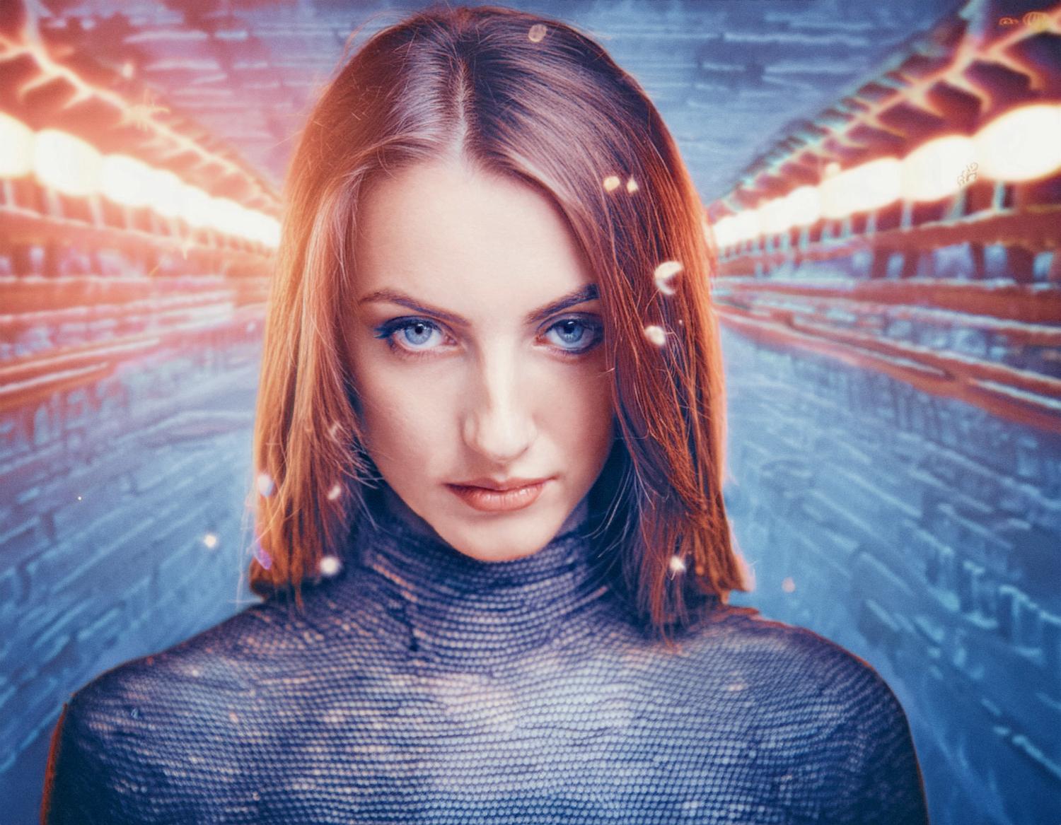 A woman with shoulder-length hair and piercing blue eyes in a high-neck, textured top stands against a futuristic tunnel, reflecting Samsonite x Google Jacquard's elegance.