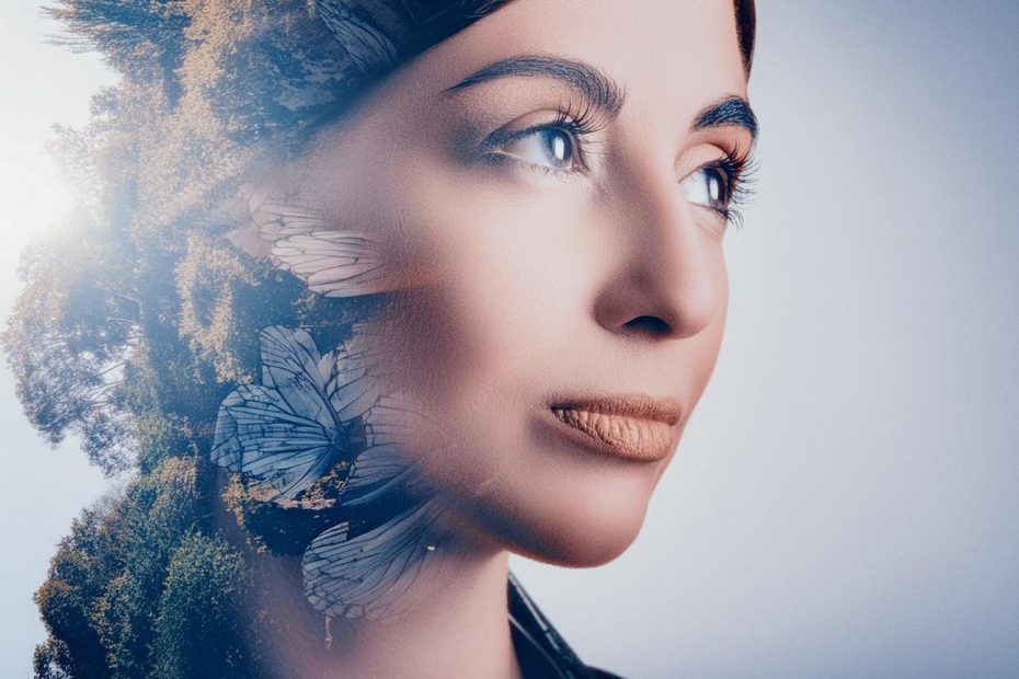 A woman's serene face merges with an artistic overlay of trees and leaves, sunlight dancing through foliage. Perfect vision enhanced by her chic Osprey Pack.