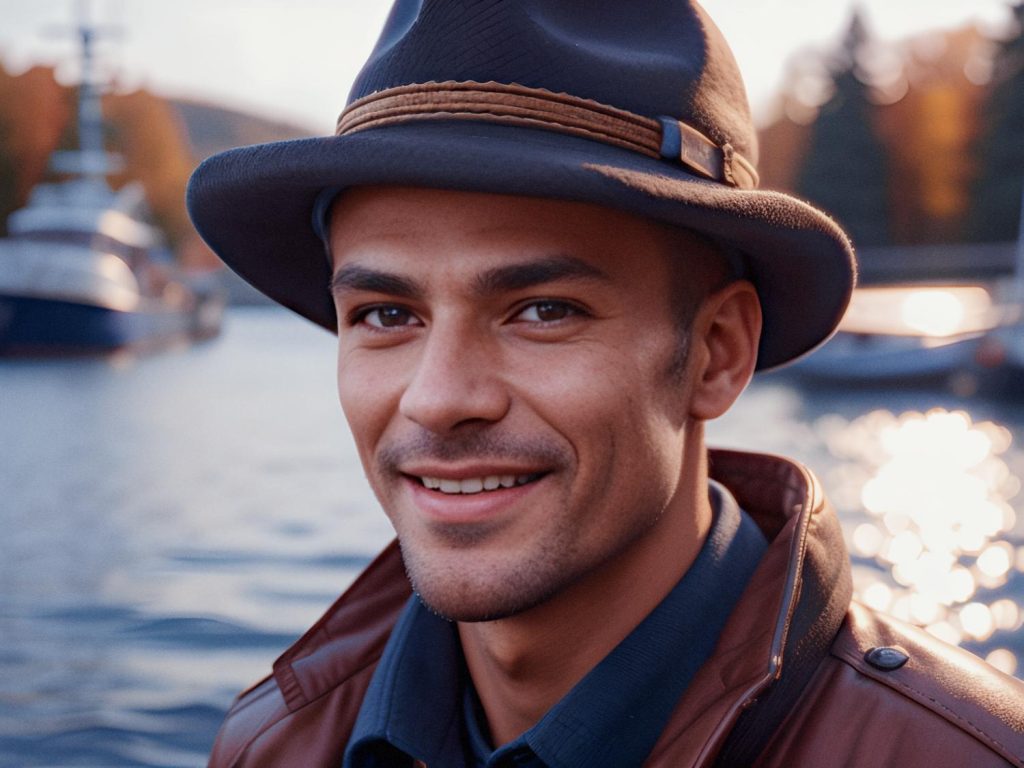 A man with a warm smile dons a stylish brown hat, leather jacket, and matching shoulder bag. He poses by boats against a backdrop of autumn trees in the soft evening light. Perfect fall fashion!