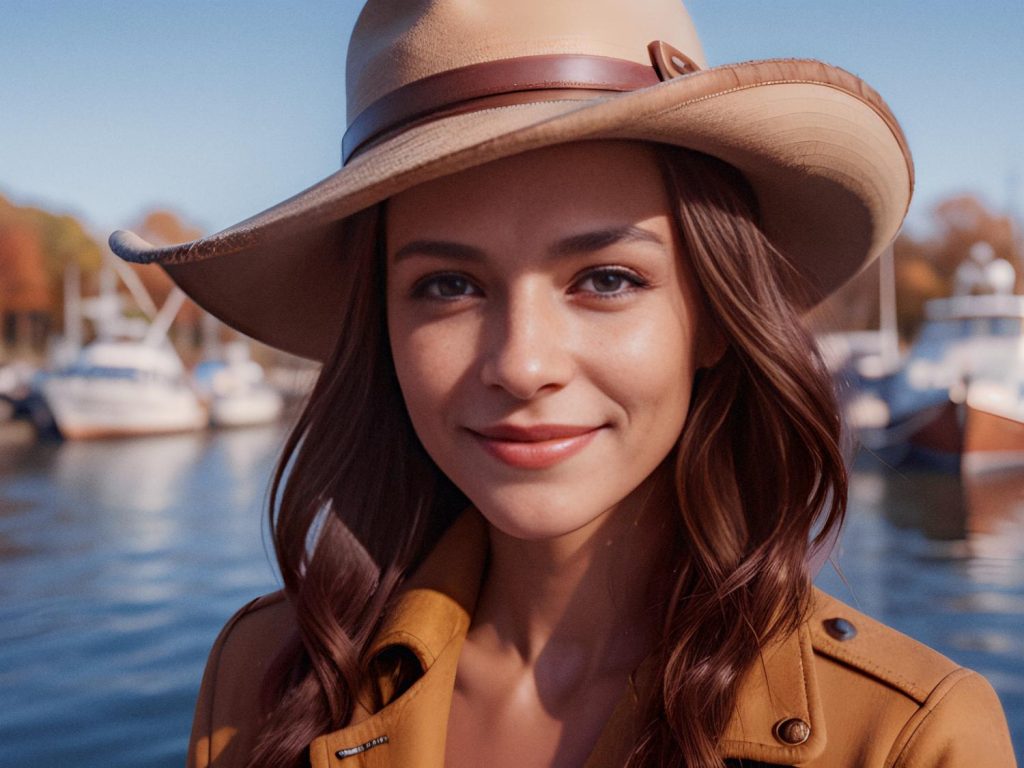 A young woman with brown hair, styled in a wide-brimmed hat and chic brown jacket, stands by a marina, flaunting her Osprey Packs' Transporter 4-Wheel Hybrid Carry-On. Boats and water glisten under the clear, sunny sky.