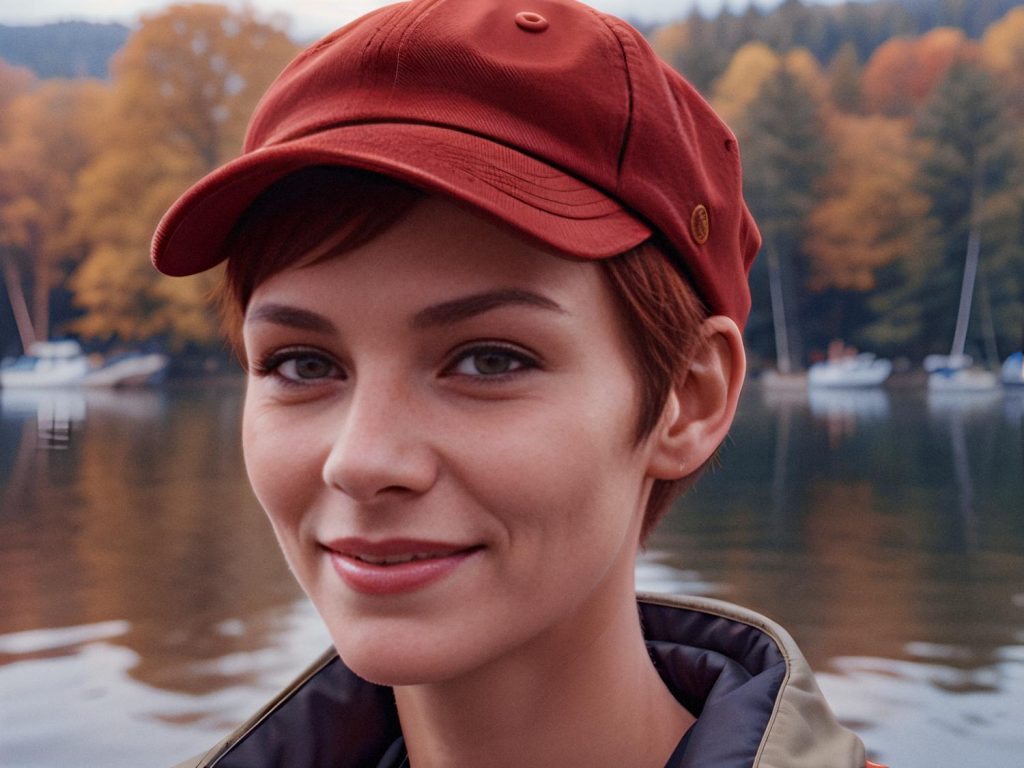 A person with a chic short hairstyle and stylish red cap beams at the camera, set against a serene autumn lake. Beside them, the versatile Osprey Packs Carry-On 22—a must-have for fashionable adventurers.