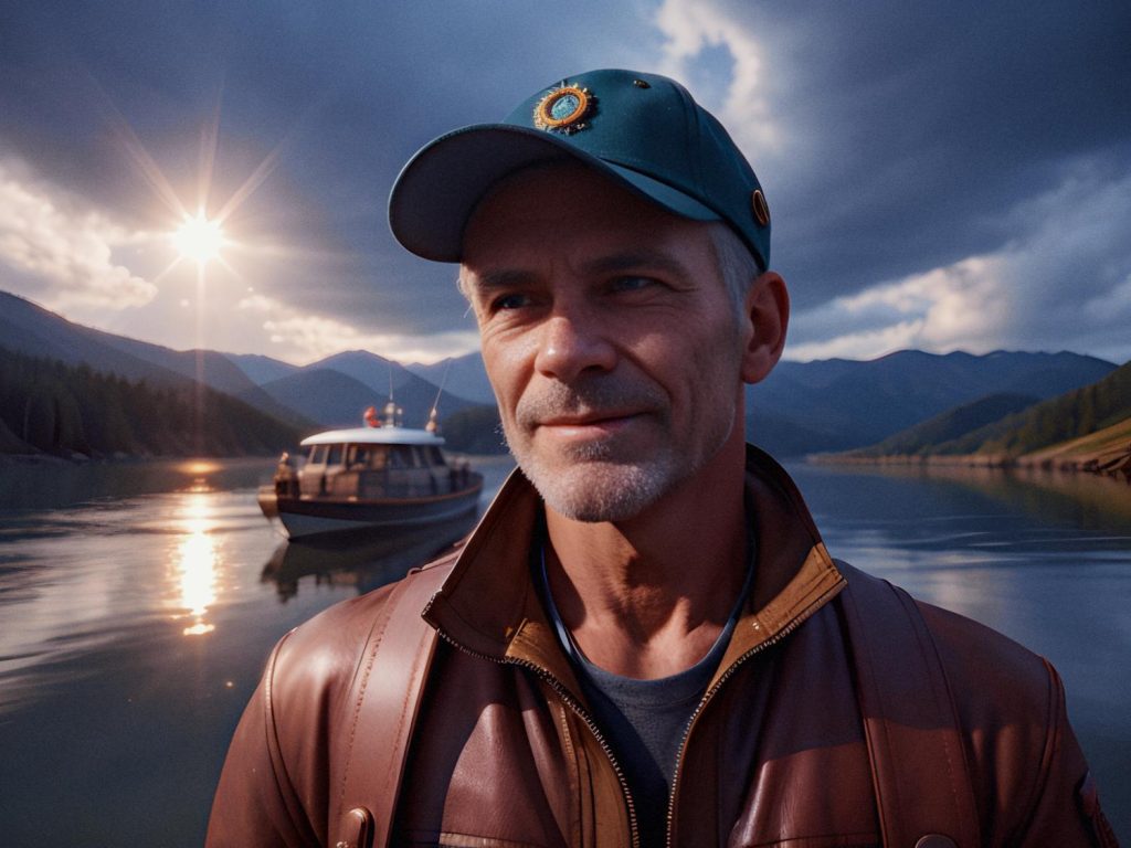 A man in a baseball cap and chic brown leather jacket stands by a serene lake with mountains, his Osprey Packs 4-Wheel Hybrid Carry-On beside him. The sun casts a warm glow. #TravelStyle