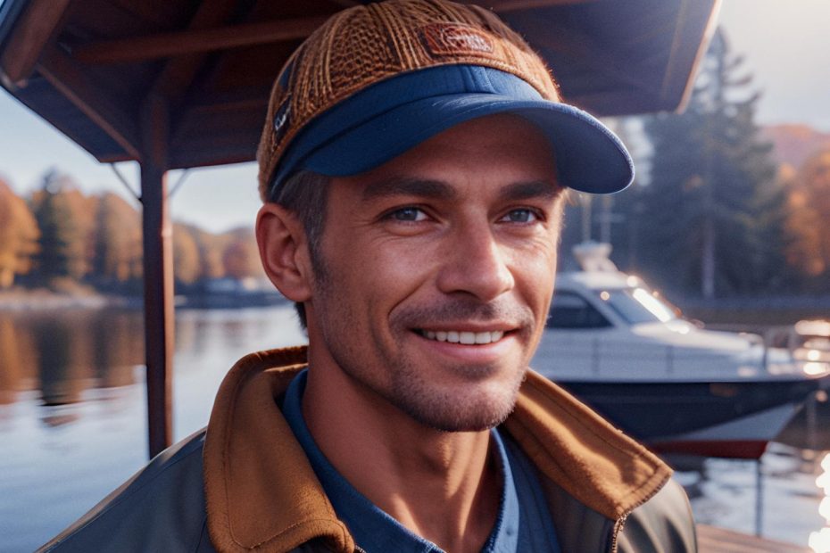 A man in a stylish brown jacket and chic patterned cap with a blue brim smiles by a calm lake, reflecting on his recent TUMI partnership. Autumn trees and a docked boat add seasonal charm.