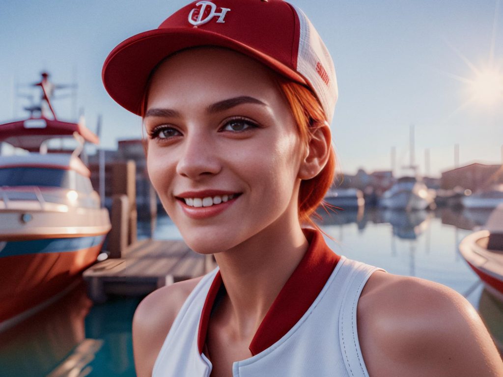 A vibrant young woman flaunts a sleek red and white baseball cap and sleeveless top, her smile glowing against a backdrop of docked boats and sunlit waters.