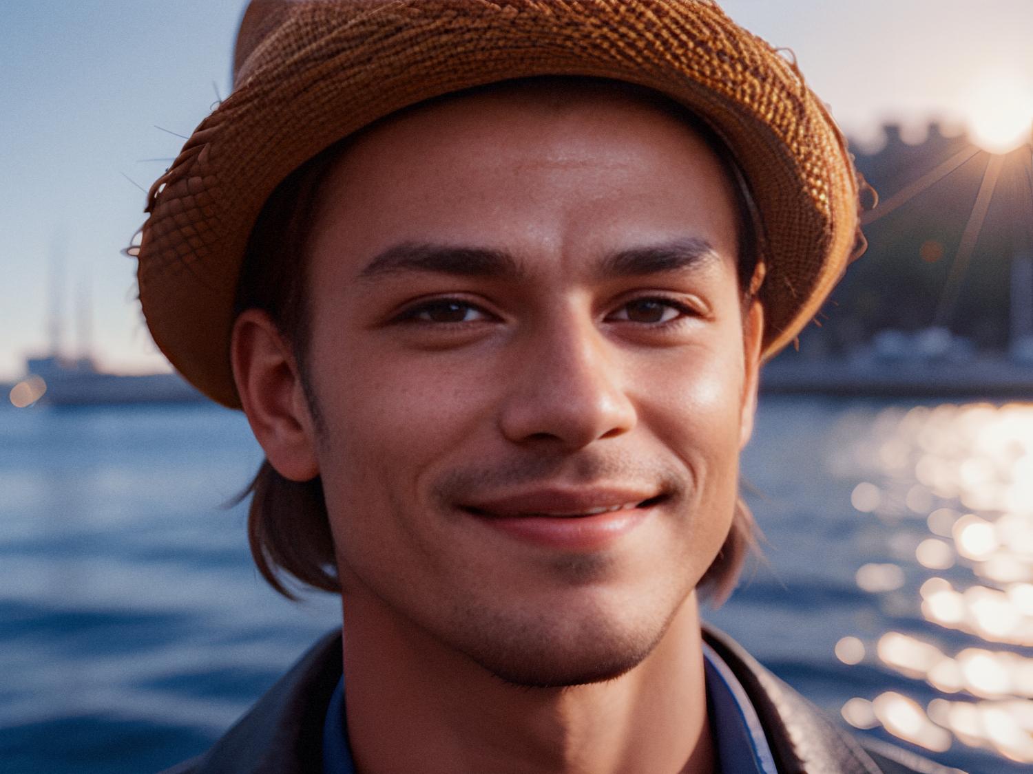 A smiling individual with a light mustache and goatee wears a stylish straw hat, captured against a sunlit waterfront backdrop. Perfect for conversations in idyllic settings.