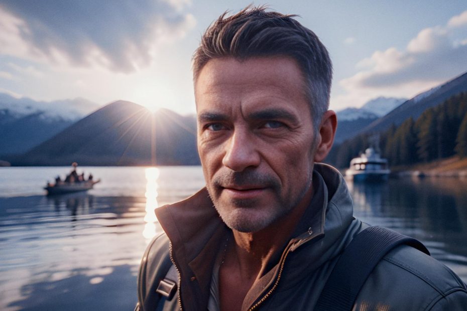 A stylish individual with short hair stands by a tranquil lake at sunrise, sporting a chic jacket and the sleek Timbuk2 x Astro BP35 gaming backpack. Mountains, forest, and boats set an enchanting backdrop as sunlight sparkles on the water.