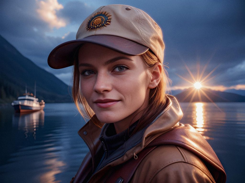 A person exudes outdoor chic in a sun-emblazoned beige cap and brown jacket, with a BP35 Gaming Backpack. Sunset over a tranquil lake completes the mood.
