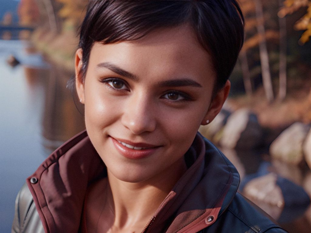 A young woman with short dark hair beams at the camera, sporting a sleek jacket and a trendy Timbuk2 BP35 Gaming Backpack. Autumn leaves in vivid yellows and oranges frame the serene river background. #FallFashion #OutdoorStyle