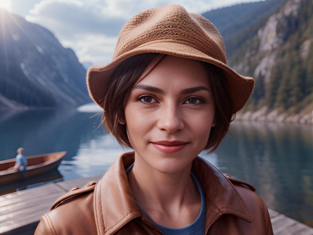 A stylish woman in a brown hat and jacket stands on a dock, her leather bag over her shoulder, soaking in the serene mountain lake backdrop.