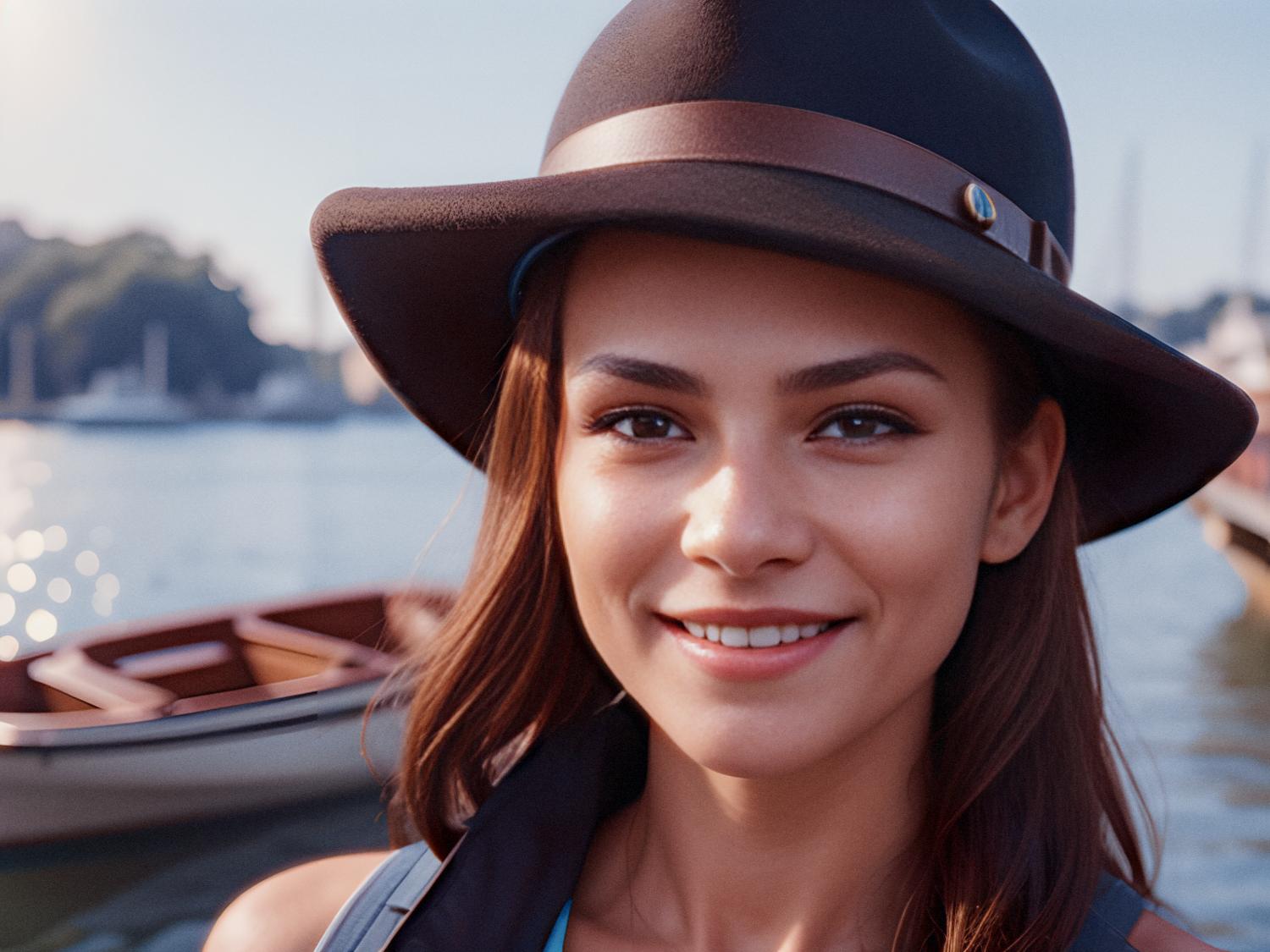 A style-savvy individual stands by the water, radiating joy in a chic brown wide-brimmed hat and trusty Timbuk2 backpack. Docked boat and trees blur in the sunny backdrop.