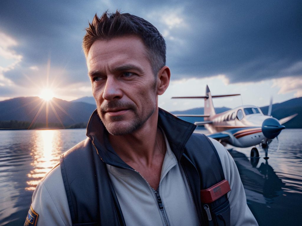 A stylish man gazes into the distance, wearing a light shirt and dark vest. A plane floats on a serene lake, with mountains and a stunning sunset behind him. His trendy Timbuk2 x Astro Gaming BP35 backpack rests nearby on the shore, completing his adventure-ready look.