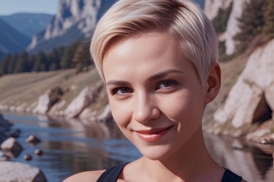 A smiling individual with short blonde hair stands by a tranquil river, stylishly dressed in casual activewear and a Peak Design backpack. Rocky cliffs, pine trees, and mountains rise under a blue sky, setting the perfect backdrop for this adventurous journey.