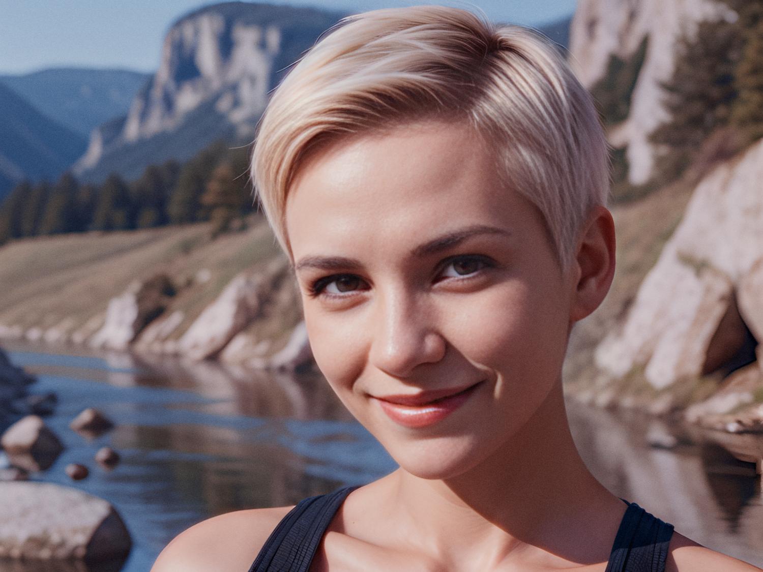 A smiling individual with short blonde hair stands by a tranquil river, stylishly dressed in casual activewear and a Peak Design backpack. Rocky cliffs, pine trees, and mountains rise under a blue sky, setting the perfect backdrop for this adventurous journey.
