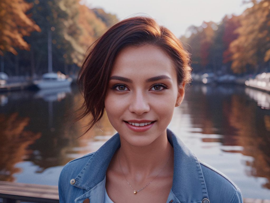 A stylish woman with chic short hair dazzles in a light blue denim jacket and delicate necklace by a serene river adorned with autumn hues. #FashionMomentsLexYar