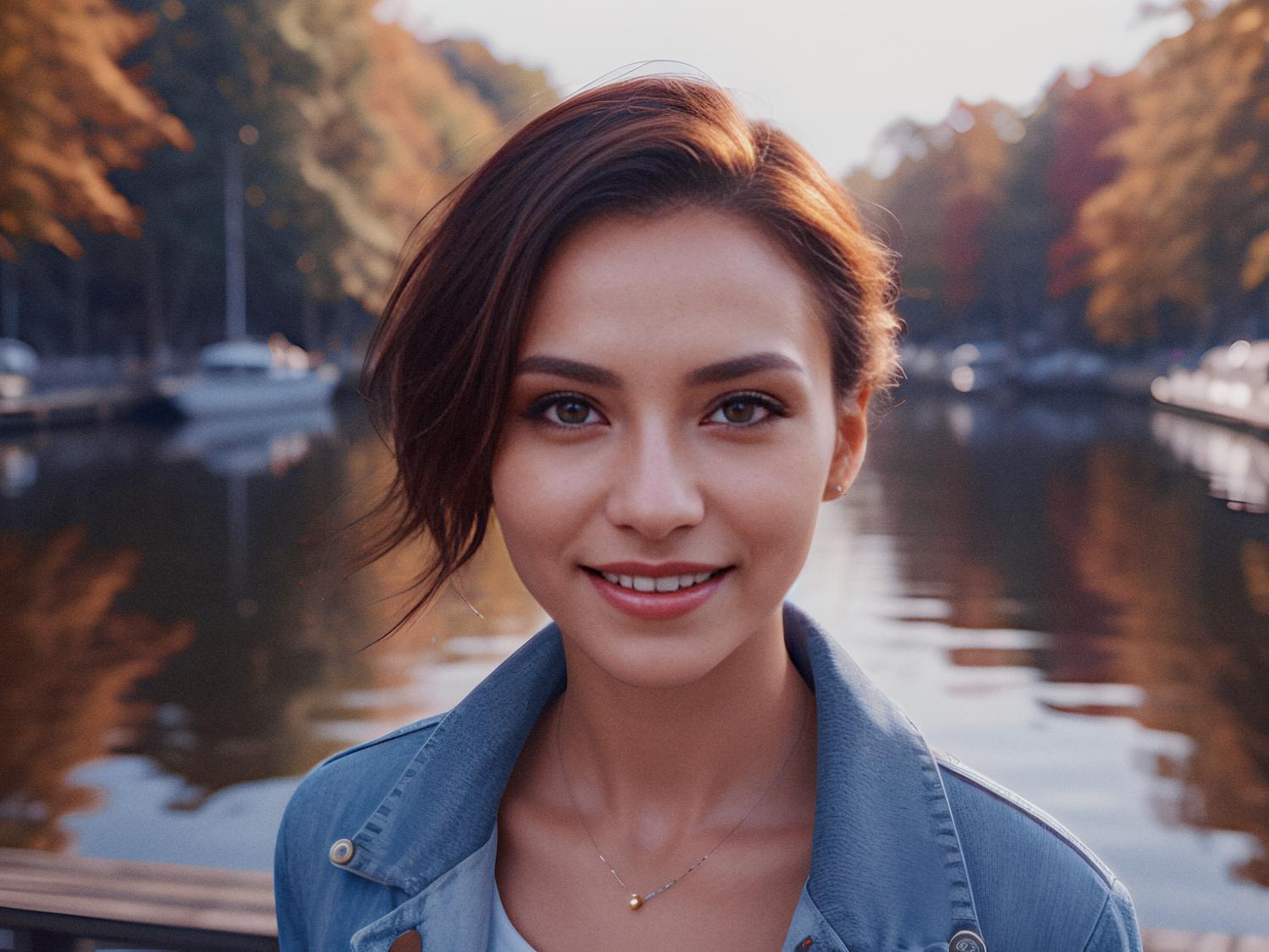 A stylish woman with chic short hair dazzles in a light blue denim jacket and delicate necklace by a serene river adorned with autumn hues. #FashionMomentsLexYar