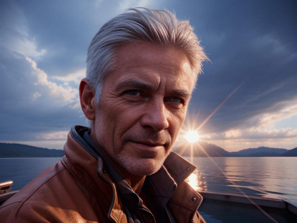 A stylish man with gray hair stands by shimmering waters at sunset, his brown jacket echoing the dramatic light and mountain vistas behind him.