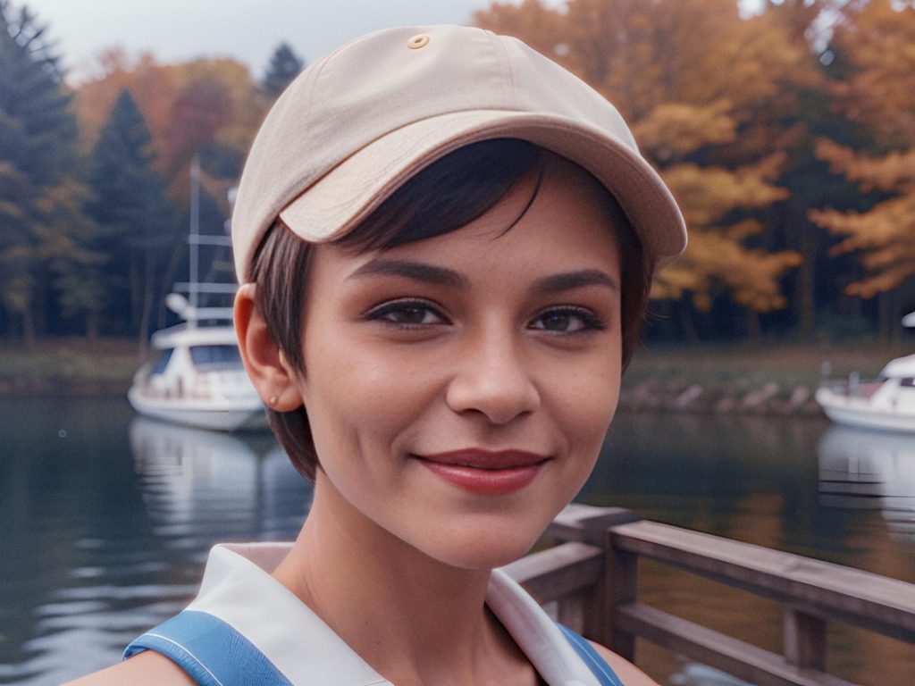 A fashionable young individual with short dark hair, sporting a beige cap and blue-and-white shirt, smiles warmly while standing on a wooden dock by a serene lake adorned with autumn foliage and anchored sailboats.