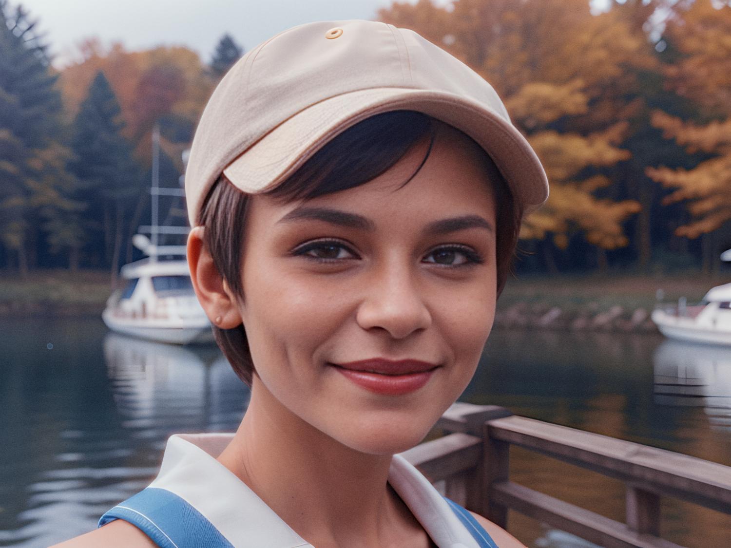 A fashionable young individual with short dark hair, sporting a beige cap and blue-and-white shirt, smiles warmly while standing on a wooden dock by a serene lake adorned with autumn foliage and anchored sailboats.