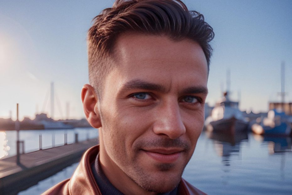 A stylish individual with impeccably styled short hair and a warm smile stands by the sunset-lit waterfront, donning a brown jacket and dark shirt from the JanSport Adaptive Collection, carrying a perfectly suited pack.