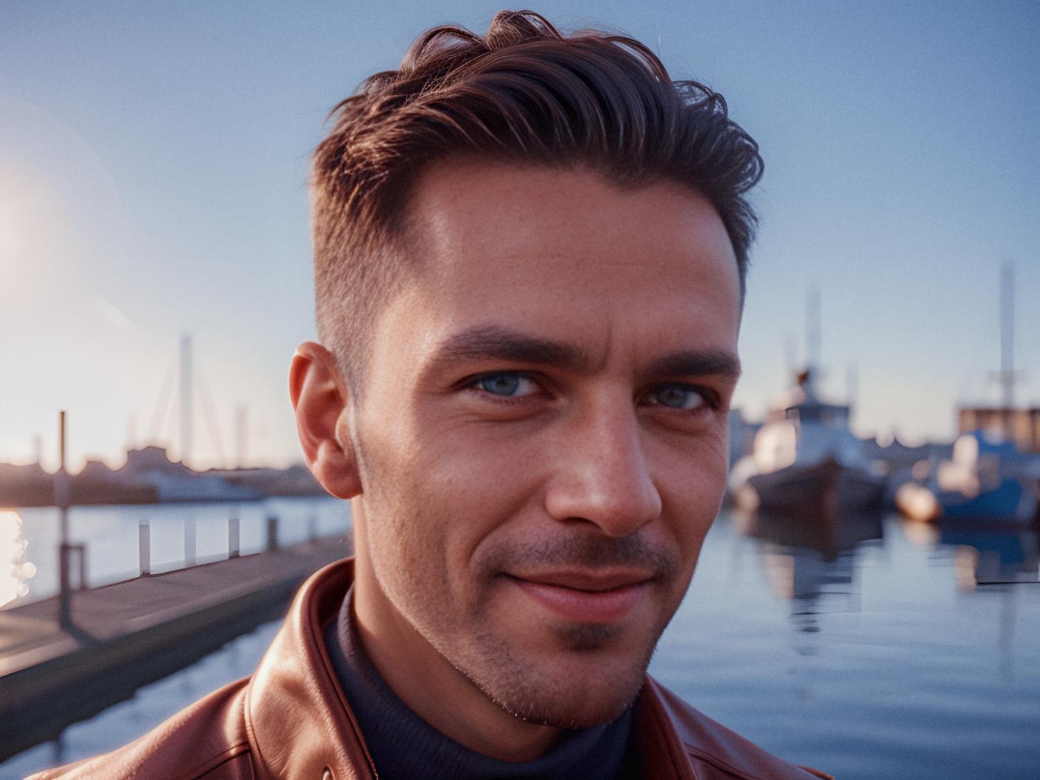 A stylish individual with impeccably styled short hair and a warm smile stands by the sunset-lit waterfront, donning a brown jacket and dark shirt from the JanSport Adaptive Collection, carrying a perfectly suited pack.