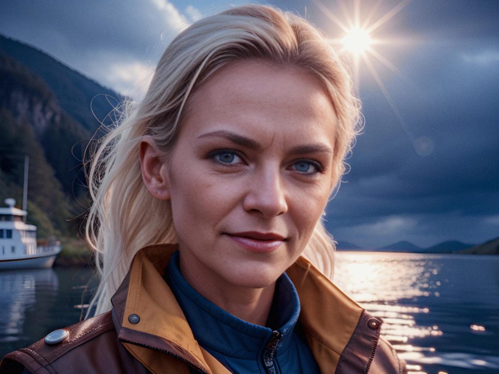 A blonde woman in a brown jacket and blue JanSport Adaptive top stands by a tranquil lake at sunset, mountains behind her. Effortless style meets serene beauty. #FashionInNature