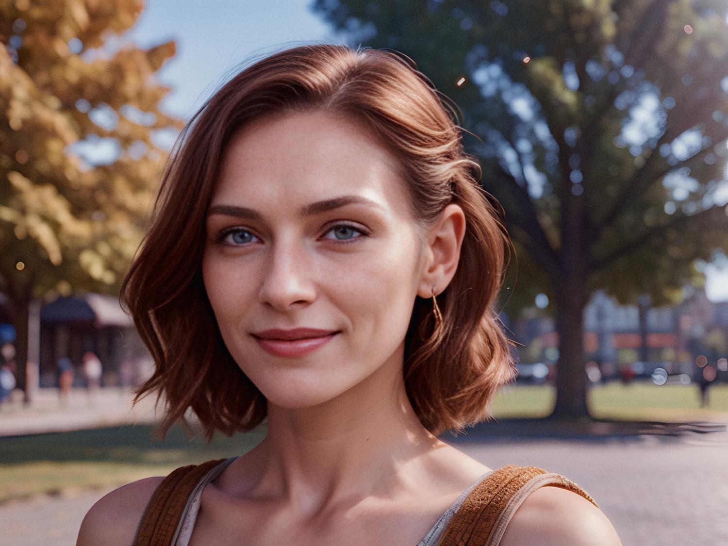 A stylish woman with short brown hair beams at the camera, wearing a chic tank top and sporting a JanSport Adaptive Collection strap. Vibrant green and yellow leaves frame her on this sunny day.