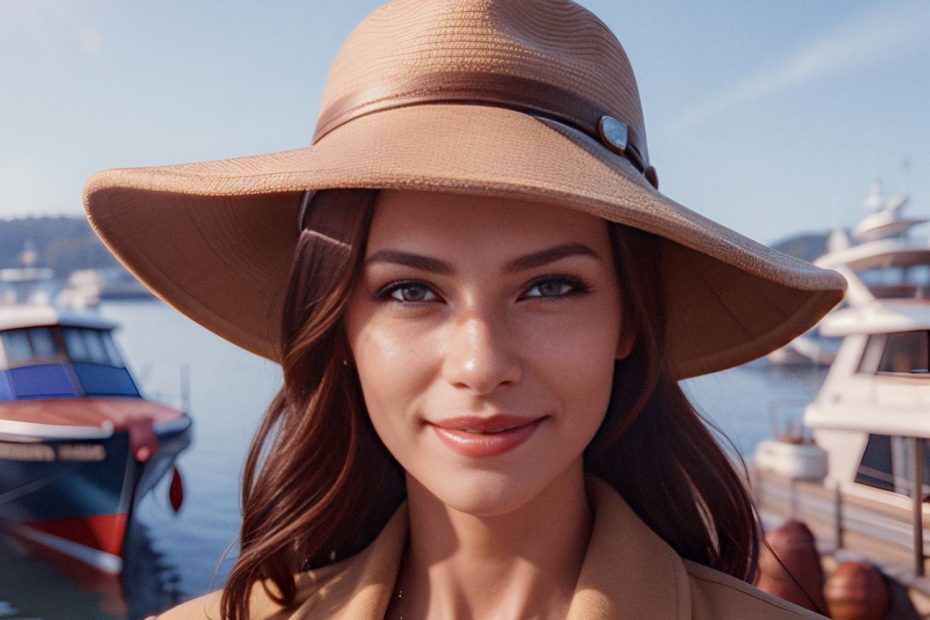 A woman in a chic wide-brimmed hat and beige coat smiles by a serene marina, boats docked, clear skies above—pure nautical elegance.