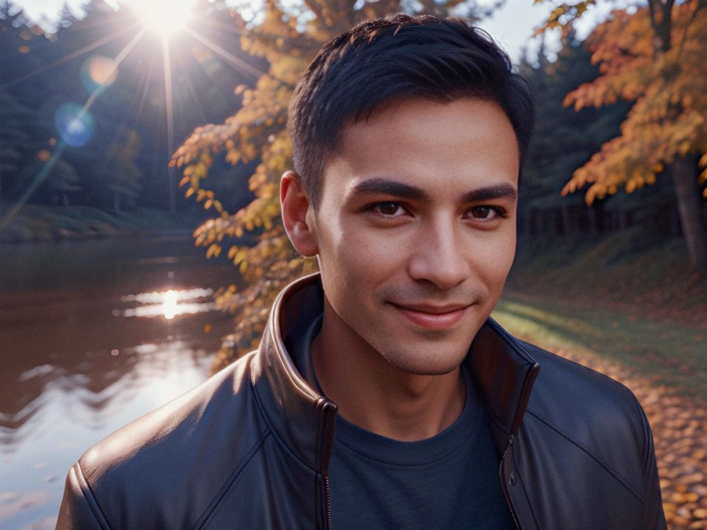 A young man with short dark hair smiles softly at the camera, wearing a stylish dark jacket and an autumn-scene-lit Samsonite Convertible Backpack.
