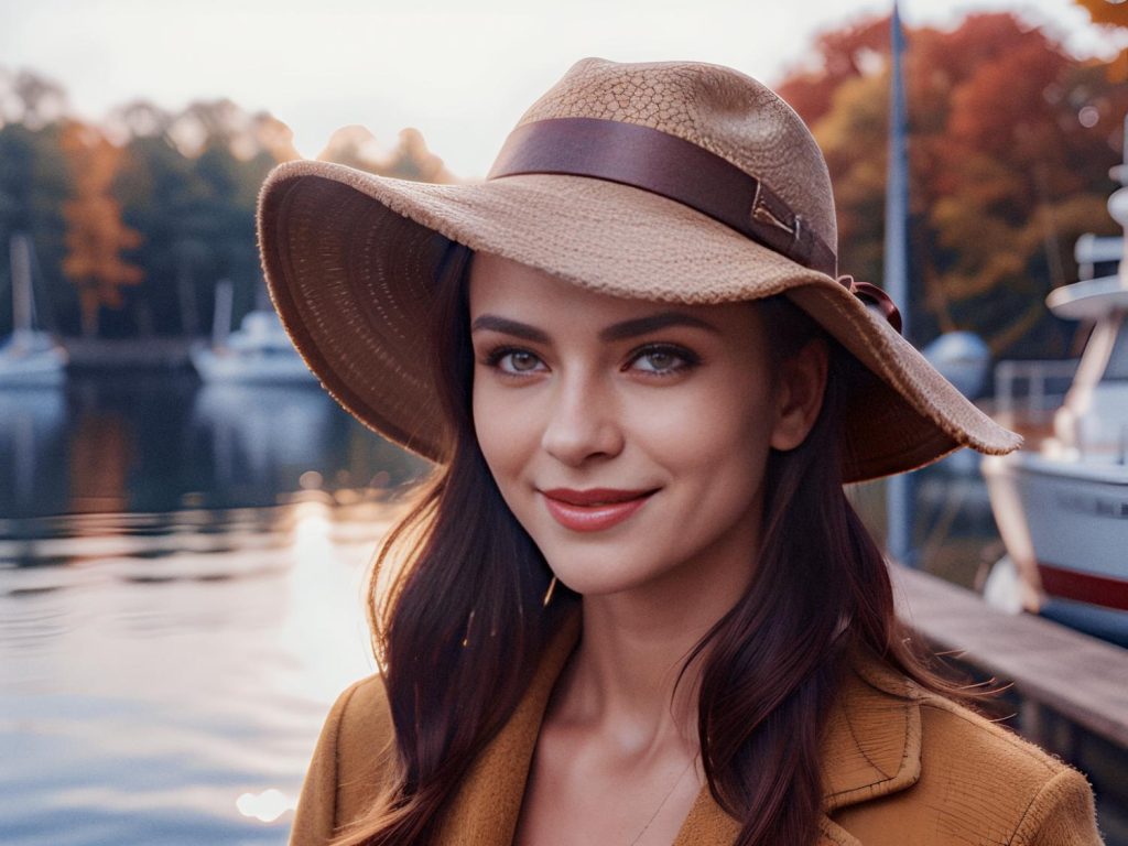 A woman in a chic wide-brimmed hat and stylish brown coat smiles by a serene lake. Boats and autumn trees set a warm, magical scene.
