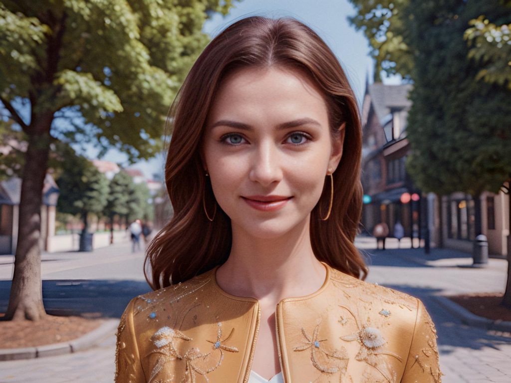 A woman with long brown hair and blue eyes smiles softly at the camera, wearing a yellow embroidered floral jacket. A tree-lined street and clear blue sky enhance her whimsical, trendy look reminiscent of Harry Potter's magical world.