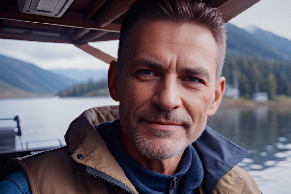 A middle-aged man with short hair and a light beard beams at the camera in a stylish jacket, showcasing his Ultimate JanSport Pro Pack by a cool, serene mountain lake.