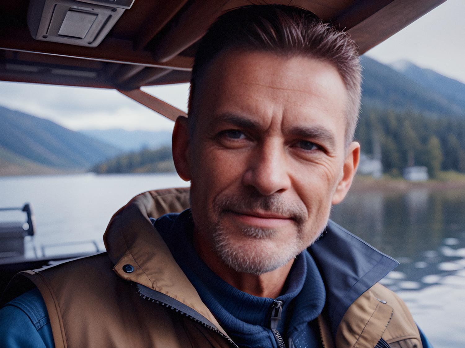 A middle-aged man with short hair and a light beard beams at the camera in a stylish jacket, showcasing his Ultimate JanSport Pro Pack by a cool, serene mountain lake.