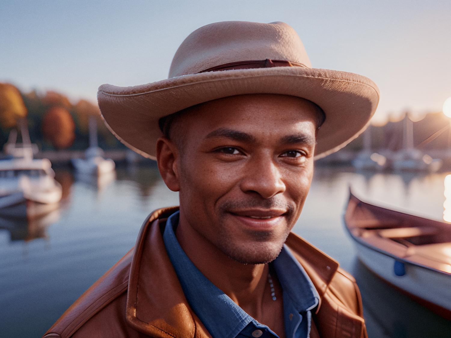 A man in a light brown cowboy hat and a stylish brown jacket smiles with his JanSport Pro Pack slung over one shoulder. Boats dock behind him on a serene lake, framed by autumn trees and bathed in the golden glow of sunset. Perfect fall fashion meets adventure.