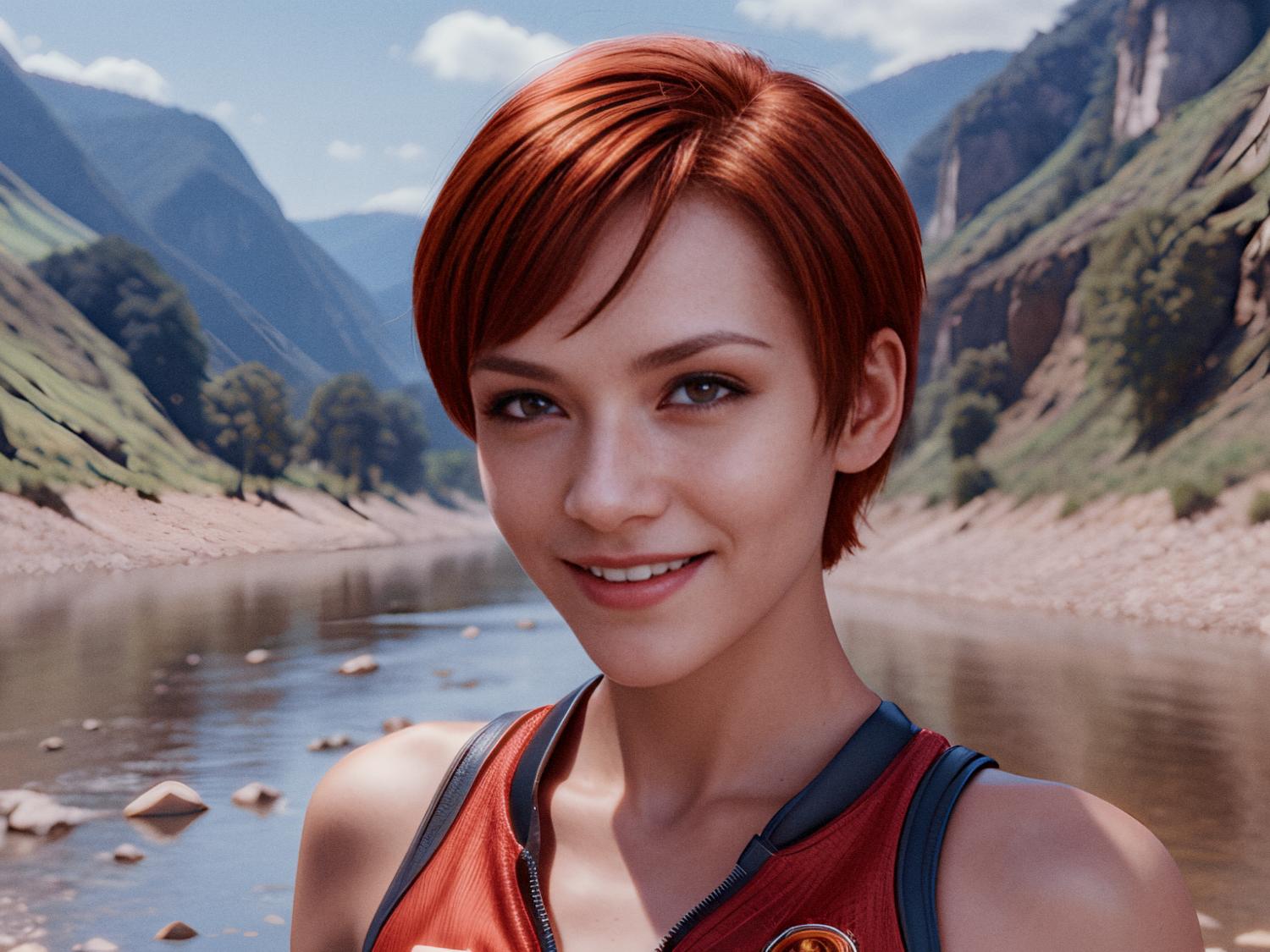 A young person with stylish, short reddish-brown hair smiles warmly by a serene river, framed by lush mountains. Sporting a sleeveless top and an on-trend JanSport Pro Pack System, they bask under the crystal-clear sky. #OutdoorFashion #TravelStyle