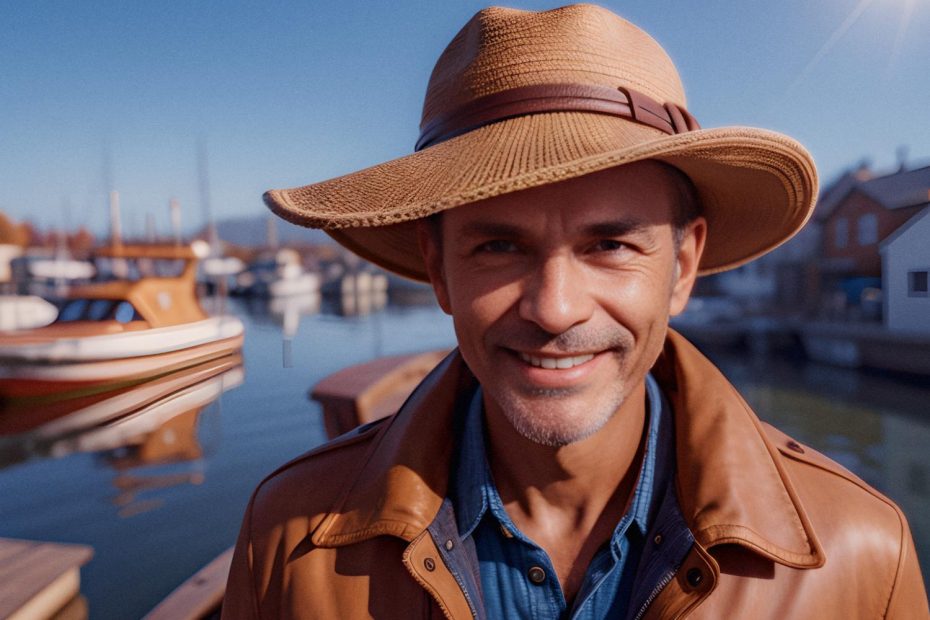 A stylish man beams on a sunny dock, sporting a wide-brimmed brown hat, an exquisite brown leather jacket, and a crisp blue shirt.