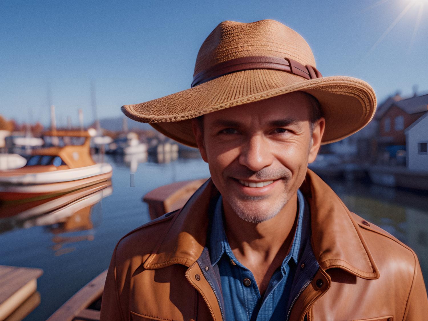 A stylish man beams on a sunny dock, sporting a wide-brimmed brown hat, an exquisite brown leather jacket, and a crisp blue shirt.