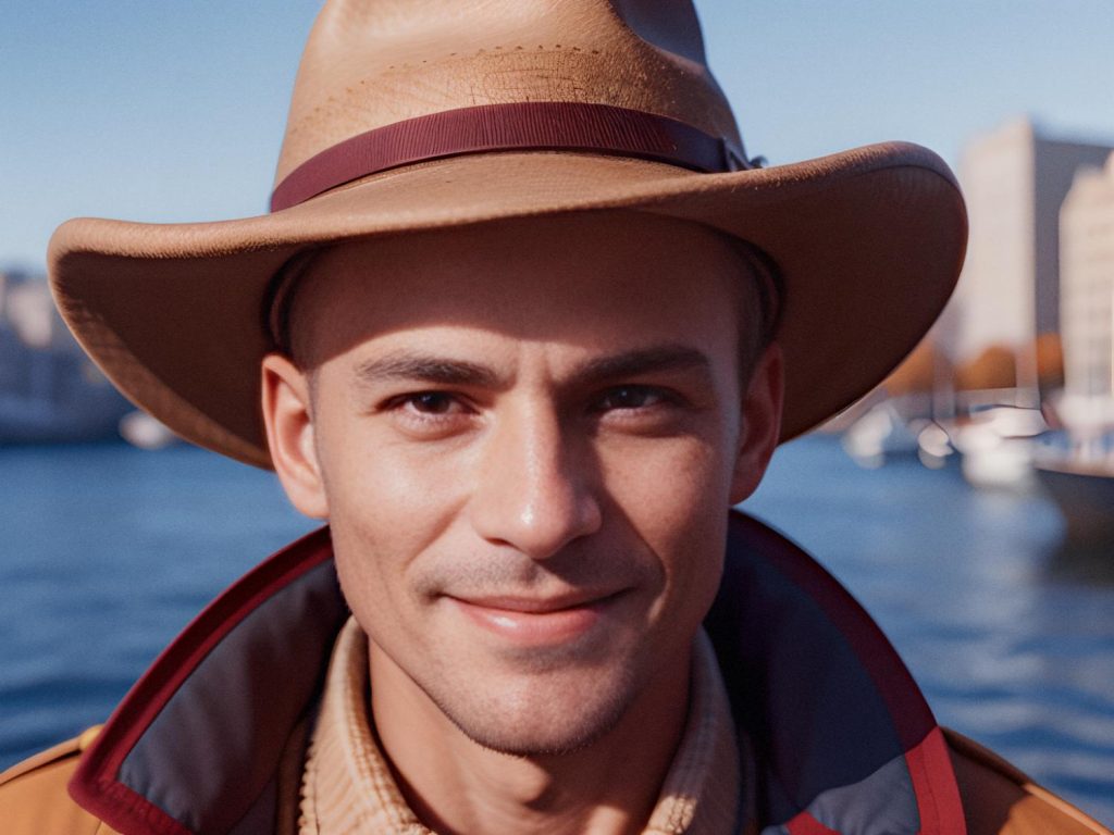 A man in a stylish brown cowboy hat and leather jacket smiles at the camera, set against a vibrant waterfront with boats and buildings on a clear day.