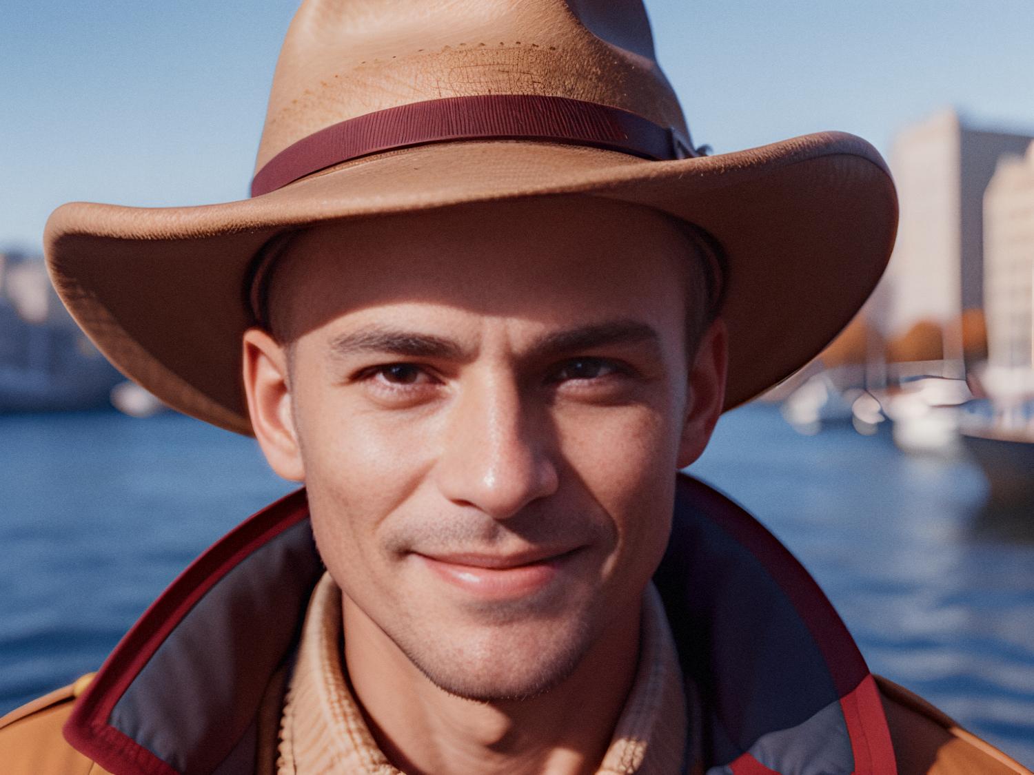 A man in a stylish brown cowboy hat and leather jacket smiles at the camera, set against a vibrant waterfront with boats and buildings on a clear day.
