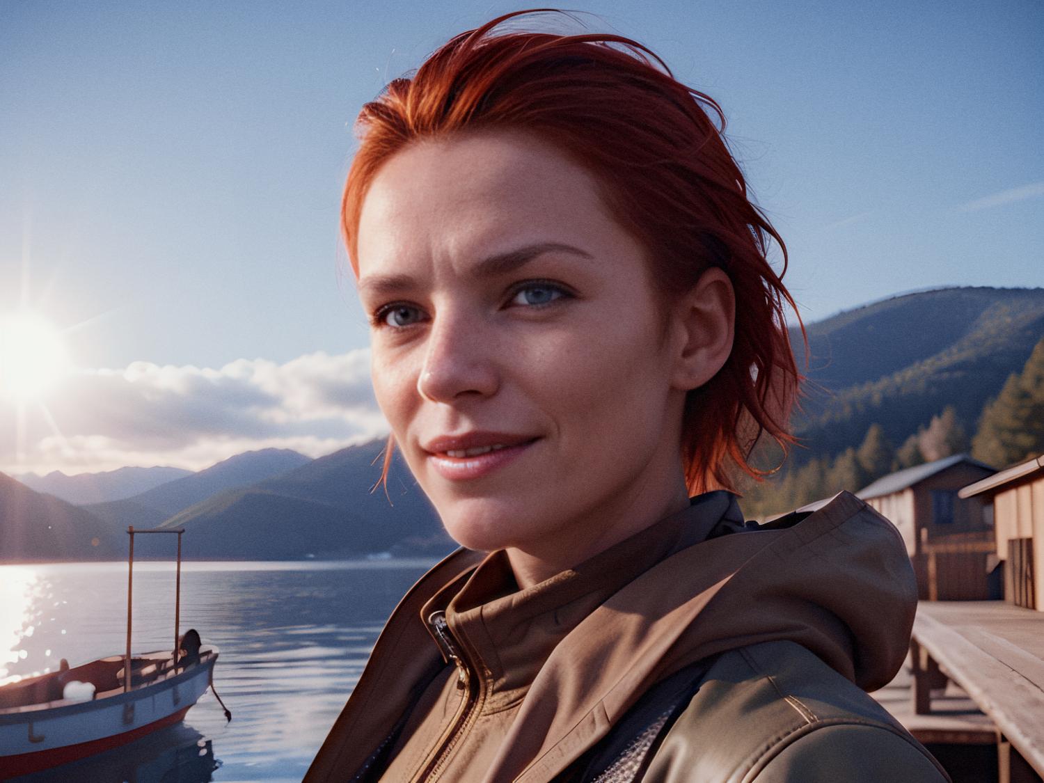 A person with vibrant red hair in a brown jacket stands by a serene lake and mountain, showcasing a trendy leather trifold wallet.