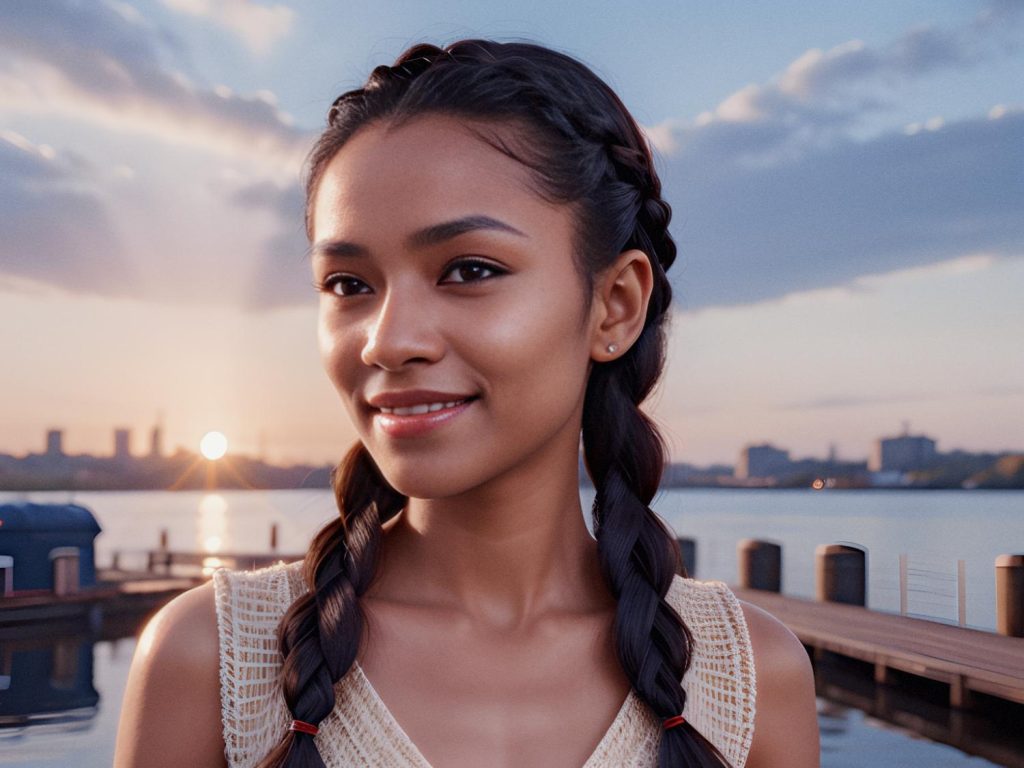 A woman with long, dark braids beams by sunset waters, sporting a chic sleeveless top. A stylish Herschel duffle bag completes her look against the serene city skyline backdrop.