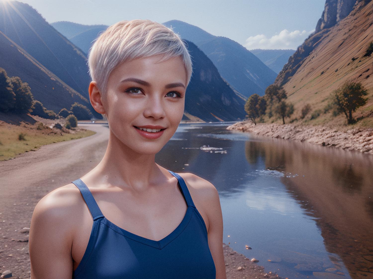 A radiant smile complements their short, platinum-blonde hair as they pose with a stylish Herschel by a serene riverside. They rock a chic sleeveless blue top, under the soft glow of the sun, highlighting the scenic mountains and tranquil waters. Perfect outdoor fashion meets nature’s beauty.